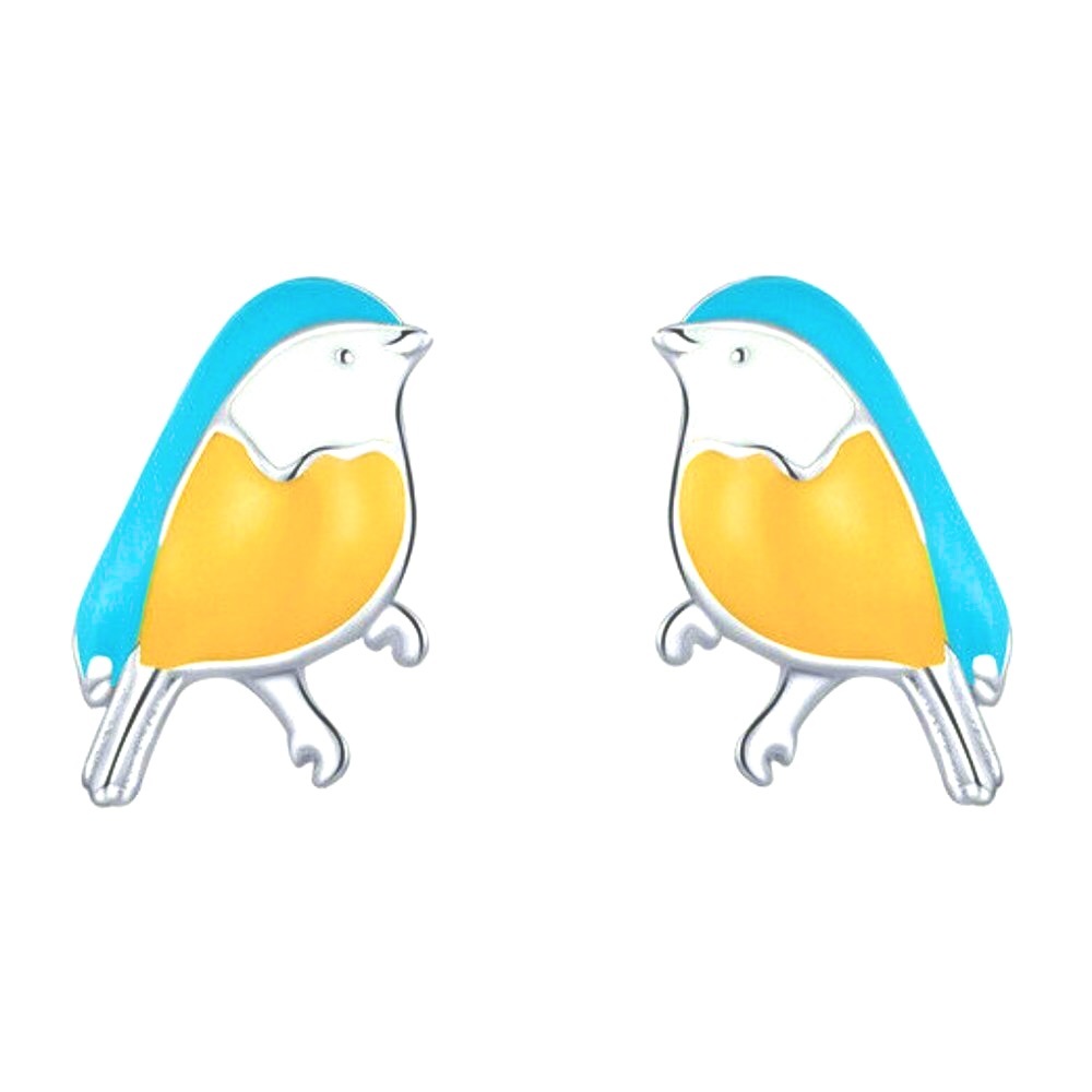 Enamel and Silver Post Bird Stud Earrings
